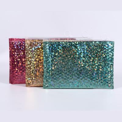 China Strong Adhesive/Shock-resistance/Waterproof/Nice Size Bubble Zipper Customized Printing Holographic Cosmetic Metallic Bag For Lashes Products Slider Pouch for sale