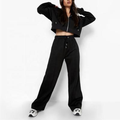 China Breathable Hoodie Zipper Jogger Sets Plus Size Women Wide Leg Sweat Suit Set Crop Jacket Outerwear For Women for sale