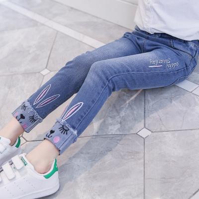 China Kids Girls Fashion Rabbit Pattern Breathable Casual Denim Pants Blue Jeans Pants for sale