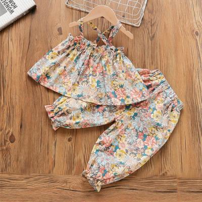 China Vintage Drop Shipping Kids Summer Fashion Babies 100%cotton Floral Fabric Wholesale Suspenders Two Piece Girls Sets Outfit for sale