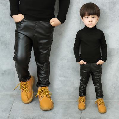 China 2020 Zhejiang Factory Toddler Boys Anti-wrinkle Fashion Solid Black PU Stacked Warm Winter Thick Leather Kids Pants for sale