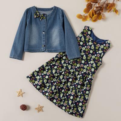 China Autumn spring casual factory price long sleeve jeans outwear floral dress 2 pcs kids girls clothing sets for sale