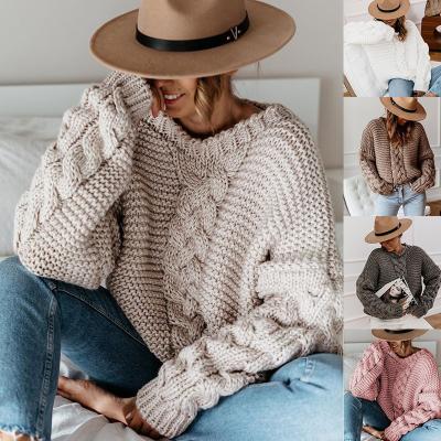 China Anti-wrinkle autumn and winter solid color explosion head V collar hemp flower loose sweater casual woman knitwear for sale