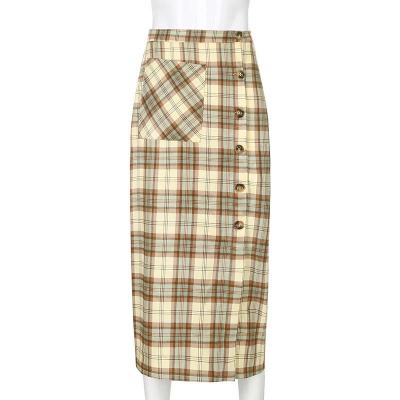 China Fashion Breathable Style High Waist Skirt Button Plaid Long Split Skirt for sale