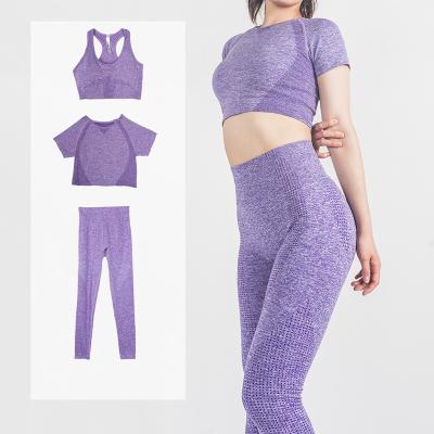 China 3 Piece Gym Set Breathable Gym Tank Top Short Sleeve Yoga Sets Stylish Yoga Bra Solid Color Top Jacket And Pants Routine Wear for sale