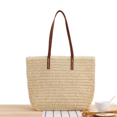 China Custom Beach Straw Tote Bag With Pu Handle Logo Wholesale Bulk Fashion Straw Bag for sale