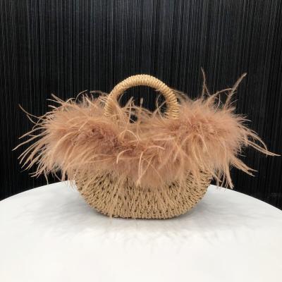 China High Quality Fringe Straw Handbag Beach Straw Shoulder Bag Pure Feather Top Gift Bags for sale