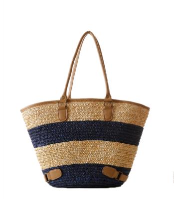 China High Quality Simple Stripe Beach Bag With Handles Leather Women Large Capacity Straw Tote Bag for sale