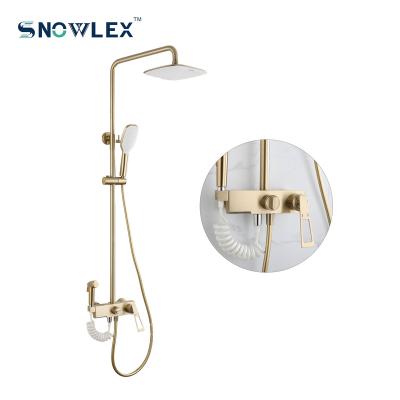 China Modern Antique Brass Slide Bar Rain Waterfall Shower Head Bathroom Shower Faucet Set With Shattaf Bidet Spray for sale