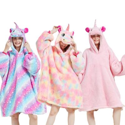 China Latest Unicorn Cartoon Design Hooded Faux Fur Blanket Wearable Sweatshirt Blanket Women Wearable Colorful Animal Gift for sale