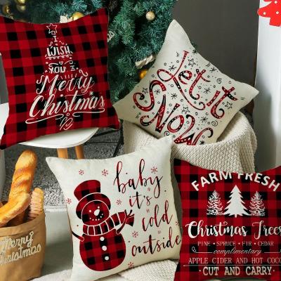 China 2021 Red Printed Canvas Throw Cushion Cover Christmas Amazon Warm Christmas Pillowcase Grid Christmas Throw Cushion Cover for sale