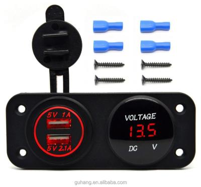 China Power 12v Waterproof Two Hole Panel Car Dual USB Charger And LED Digital Voltmeter for sale