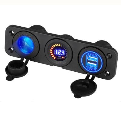 China ABS Dual USB Charger + Voltmeter+ 12V Plug + Panel Marine Car Boat Blue LED 3 Holes for sale