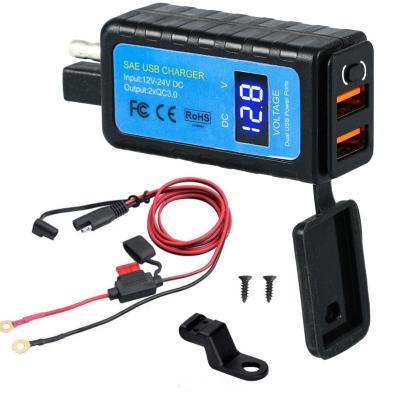 China China-chic New Motorcycle 12V SAE to Dual Quick Charge 3.0 Charger Plug Adapter with On-Off Switch and Voltmeter for sale