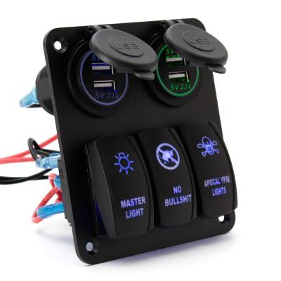 China Power 12v 3 On/Off LED Strip 2 Charger+4USB Rocker Slot Blue Light For Car for sale