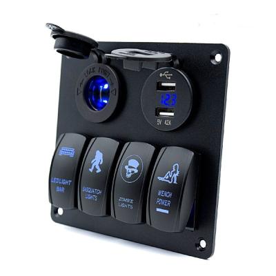 China 4 Band Laser Rocker Switch ON-OFF Panel Led Light Bar Control Box Marine Rocker Switch Dual USB 4.2A Outlet 12-24v for sale