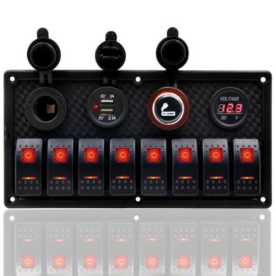 China Power 8 Gang 12V 24V Rocker Switch Panel with Circuit Breakers for Boat with USB Charger + Outlet + Power Voltmeter for sale