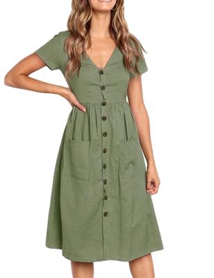 China Custom Womens Breathable V Neck A Line Short Sleeve Button Midi Dresses With Pockets for sale