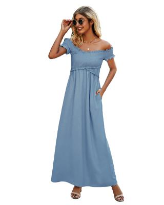 China 2021 Vintage Dresses Women's Belt Anti-Wrinkle Backless Off Shoulder Dress Summer Fashion Nude Elegant Long Empire Skirt for sale