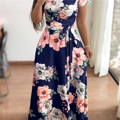 China Women's Breathable Floral Print O-Neck Dresses Plus Size Casual Summer Fashion Print Tie Long Dresses Daily Wear For Ladies for sale