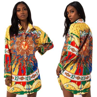 China Plus Size Women Shirt Dress Turn Down Long Print Sun Mini Dress Long Blouse Casual Collar Sleeve Outfit for sale