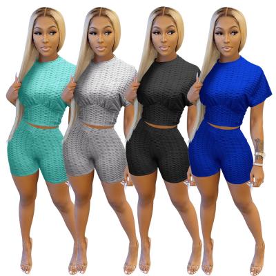 China Pakaian Wanita 2021 QUICK DRY women's shorts set spring and summer solid color sports suit sets jacquard two-piece cotton fabric for sale