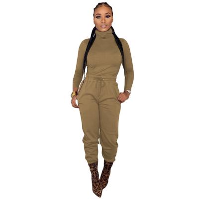 China Solid Color Casual Simple High-neck Long Sleeve Tops, Women's Two-Piece Suit With Waist Tie for sale