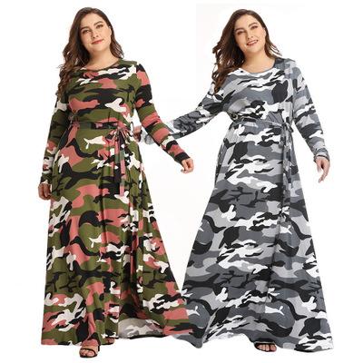 China New European and American fashion breathable plus size girl's dress army green camouflage print casual women's dress for sale