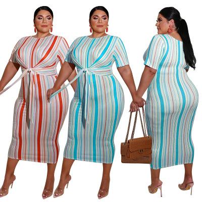 China New Girl's Striped Print Tie Fashion Breathable Clothes Plus Size Women's Dress for sale