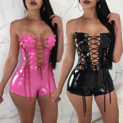 China 2021 summer 3 color QUICK DRY apparel cut wet leather strappy bodycon one piece outfit PU short romper overalls for sale