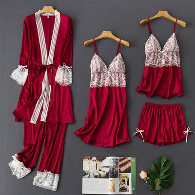 China QUICK DRY Custom Women's Silk Embroider Pajamas 5 Pcs Long Sleeve Loungewear Pajamas Women's Satin PJ Sets for sale