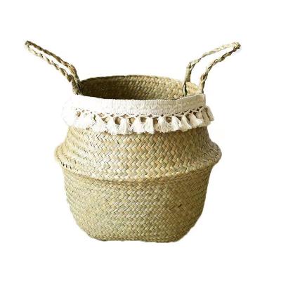 China Nordic Weave Fringed Binaural Flower Binaural Portable Outdoor & Corrosion Resistance Rattan Flowerpot Indoor Gardening Basket for sale