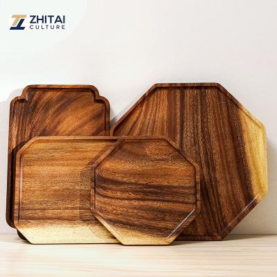 China Wholesale Custom Wooden European Dish Acacia Wooden Countertop Hotel Restaurant Bar Counter Serving Tray Coffee Tea Serving Tray for sale