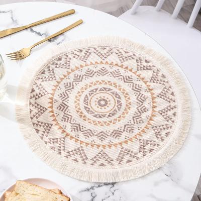 China Retro sustainable boho style cotton and place mat holiday hotel home restaurant table cloth fabric woven round table mat for sale