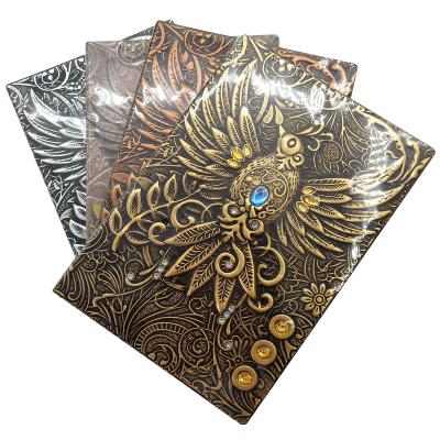 China Custom Hardcover Vintage Black and Gold Notebook Embossed Genuine Leather Journal Mounted Gold Planner for sale