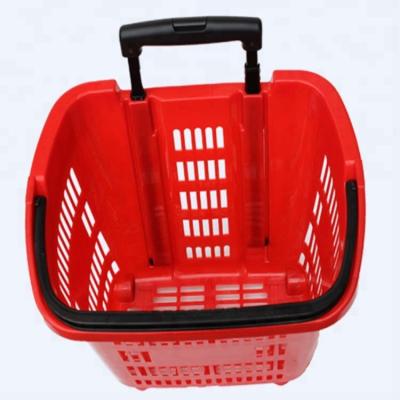 China Environmental Friendly Plastic Shopping Basket Trolley Supermarket Rolling Shopping Baskets With Wheels for sale