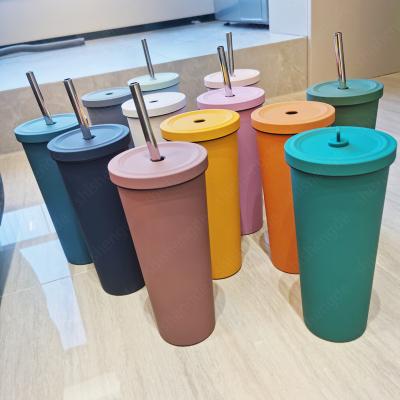 China Viable Hot Sale Stainless Steel Travel Mug Mug With Custom Double Straw Wall Straw Drinking Tumbler 500ml 750ml for sale