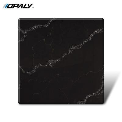 China Modern Black Marble Look Stone Quartz Calacatta Plant Artificial Stone For Kitchen Counter Top for sale