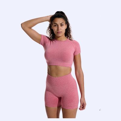 China Beagmg Viable Wholesale 2021 Summer Women's Gym Sets High Waist Shorts And Sleeve Crop Top Fitness Yoga Set AM903 for sale