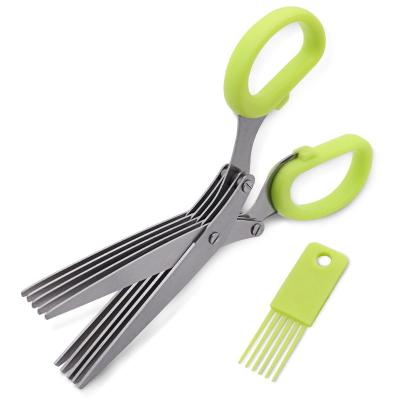 China Plastic Stainless Steel Vegetable Tools 5 Layers Scissors Spices Cut Jagged Scissors With Brush for sale