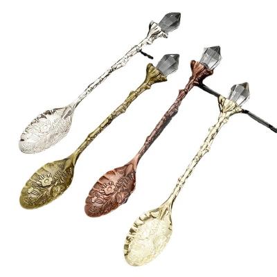 China Retro Carved Flower Coffee Stirring Spoon Crystal Head Tea Metal Tableware Scoop 11cm for sale