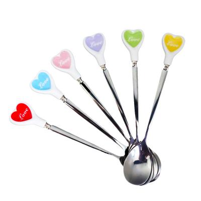 China Heart Shaped Porcelain 15cm Long Handle Stainless Steel Ice Cream Spoons Viable Colorful Coffee Dessert Tea for sale