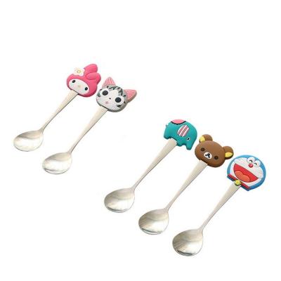 China Cute Sustainable Cartoon Stainless Steel Spoon With Animal Silicone Handle Stirring Teaspoons Baby Eatings Feeding 13.5cm for sale