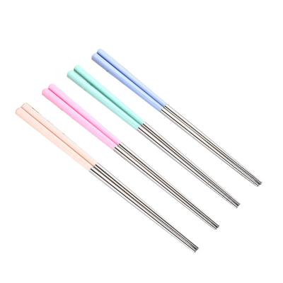 China Plastic Wheat Straw Handle Silver Chinese Chopsticks 304 Stainless Steel Eco-friendly Sustainable for sale