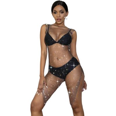 China Mesh Fabric 2022 women luxury sexy rhinestone diamond crystal metal bling black mesh body stocking dress lingerie bodystocking set for sale