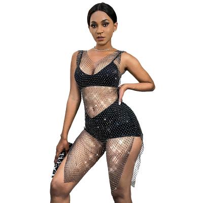 China Mesh Fabric 2022 women sexy rhinestone diamond crystal metal bling black mesh v neck body stocking dress lingerie bodystocking set for sale