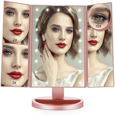 China Modern High Quality Three Folding LED Sufficiency Light Makeup Mirror With Light Beauty Portable Vanity Mirror for sale