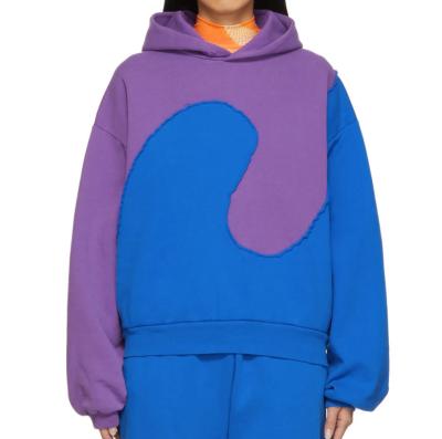 China Women's Cotton Blend Fleece Paneled Construction Breathable Swirl Hoodie In Purple And Blue Colorblocked for sale