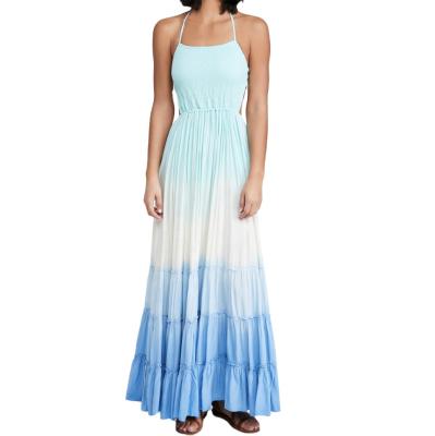 China Anti-Static Women Dress Weave Rayon Ombre Dip Dye Hawaiian Tie Dye Smocked Ruffle Maxi Dress for sale