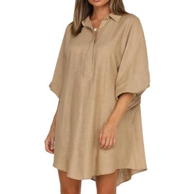 China Anti-Static Long Sleeve Canvas Shirt Dress Women Spring Summer Button Up Casual Loose Mini Dress for sale